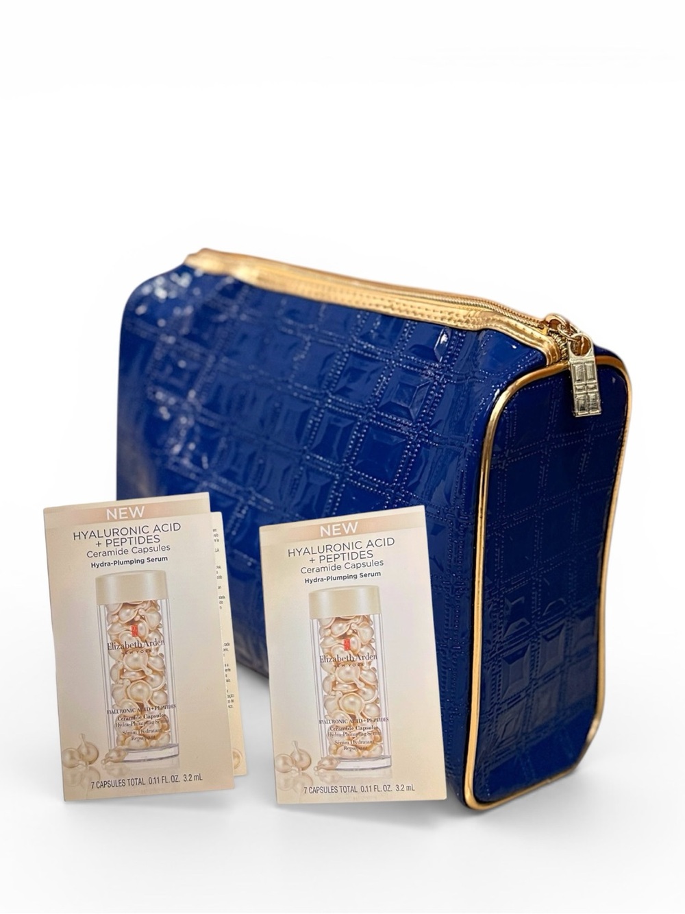 Elizabeth Arden Blue Patent-Style Gold Makeup Bag + 2 Ceramide Capsule Samples